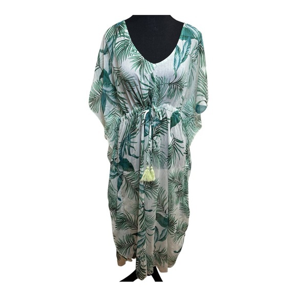 Kona Sol Other - Kona Sol Tropical Palm Leaf Midi Dress Cover Up M Green Resort Vacation Tassel